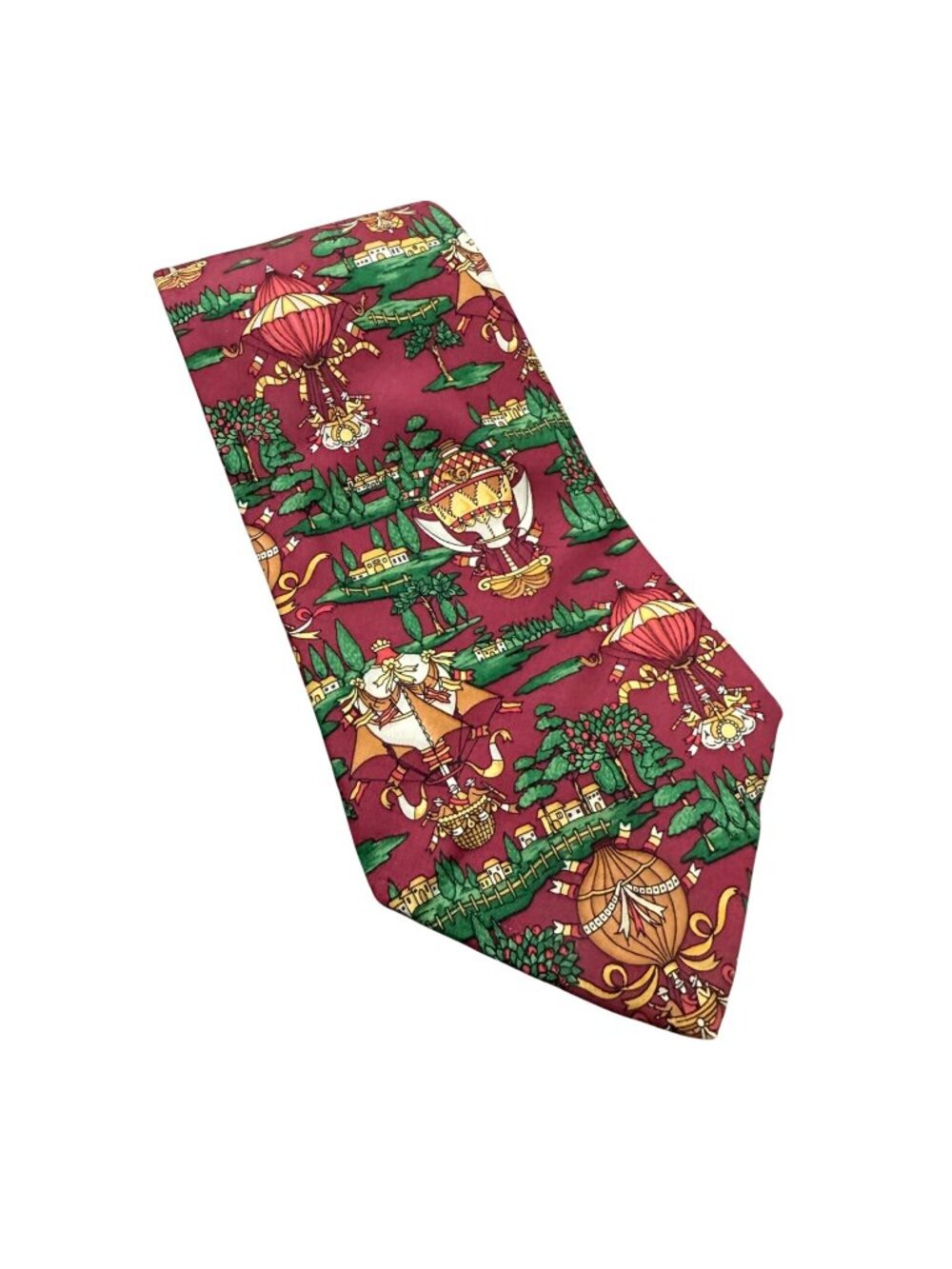 Salvatore Ferragamo Burgundy Flying Hot Air Balloons Trees Whimsical Neck Tie